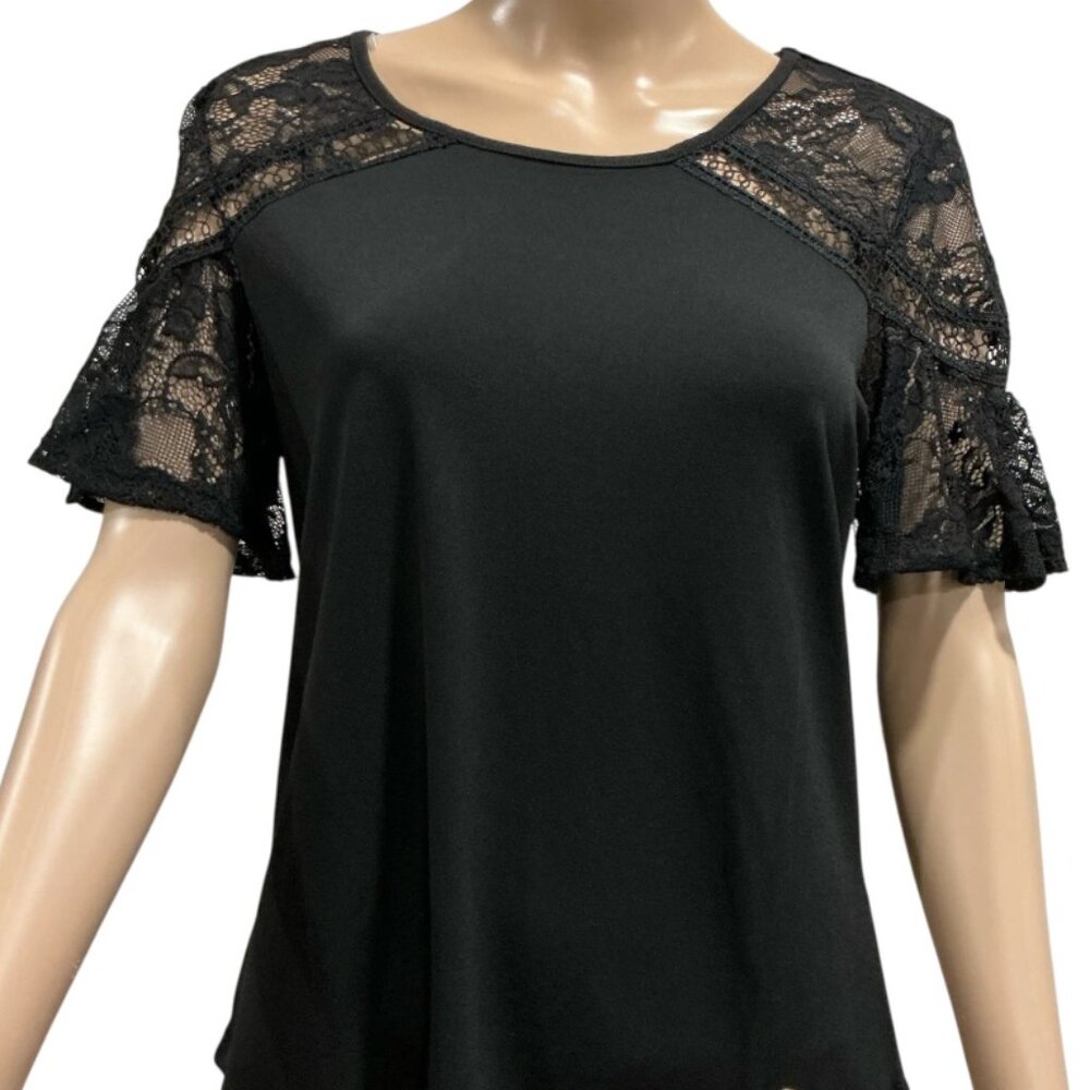NWT Adrienne Vittadini Laced Short Flutter Sleeve Top in Black Size Small
